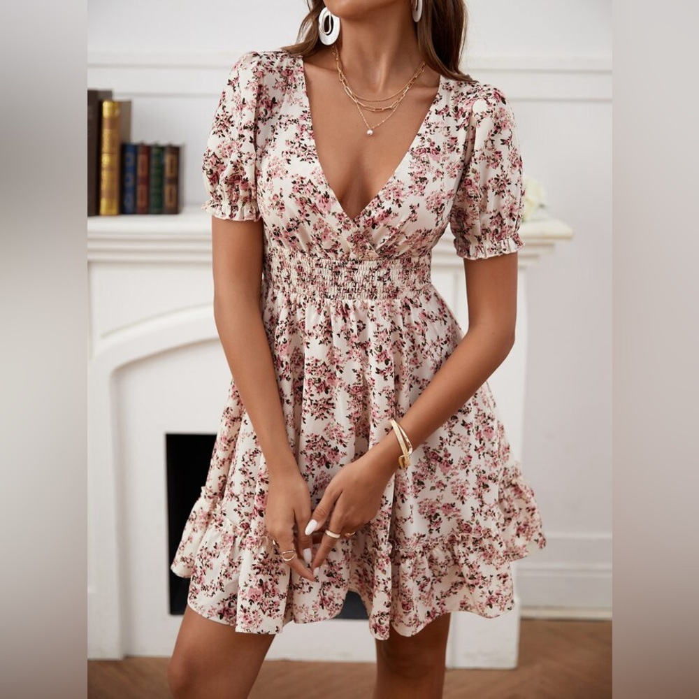 Floral Print Puff Sleeve Shirred Waist Ruffle Hem Dress